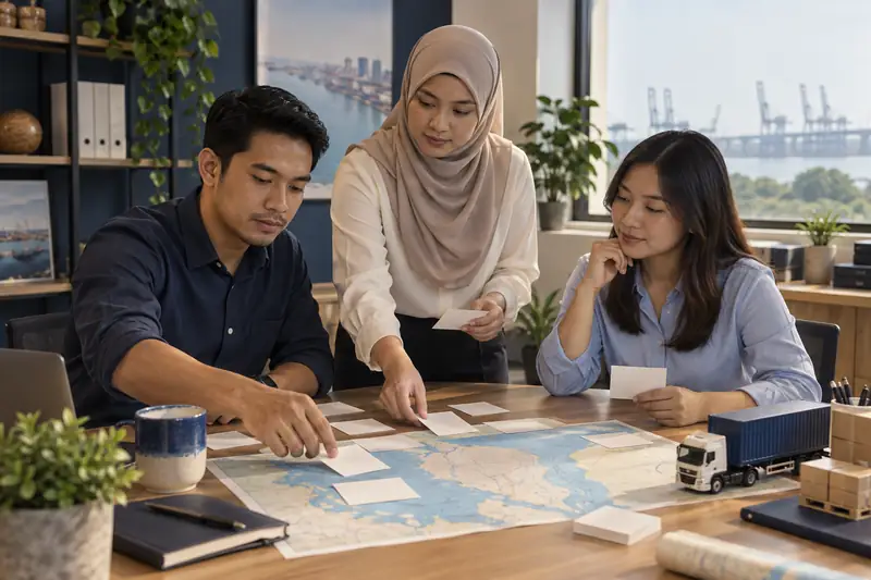 Tiga rakan sekerja membincangkan pembahagian tugas